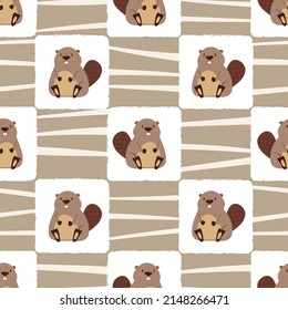 Seamless kids pattern with little beavers. Vector baby background.