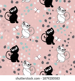 Patrón de niños sin foco con adorables gatos lindos y hojas. Escandinavo para diseño de tela, papel de envoltura, papel tapiz, fondo