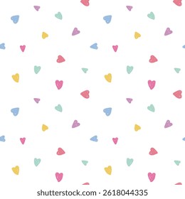Seamless kids pattern with multicolor pastel hearts on white background. Crayon doodle style. Ideal for baby textiles, nursery decor, wrapping paper, cute stationery, apparel, baby shower themes