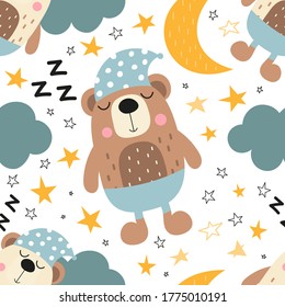 La decoración de los niños es perfecta para los niños, la ropa de bebé y la ropa de cama. Ositos, nubes, luna, estrellas. Ilustración vectorial. El patrón se corta, no hay máscara de recorte.