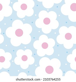 seamless kids pattern on blue background with cute hand draw flower from circle shape