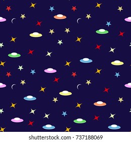 Seamless kids pattern on blue background. Space adventure. Starry sky with planes. vector
