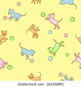 Seamless kids pattern with playing kittens. Childs cartoon illustrtion in vector.