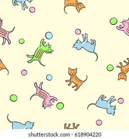 Seamless kids pattern with playing kittens. Childs cartoon illustration, vector background.