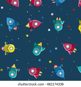 Seamless kids pattern rocket ships and stars in cartoon style. Childish background for textile. Fun kids background for scrap-booking. Vector illustration childish pattern.

