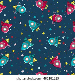 Seamless kids pattern rocket ships and stars in cartoon style. Childish background for textile. Fun kids background for scrap-booking. Vector illustration childish pattern.
