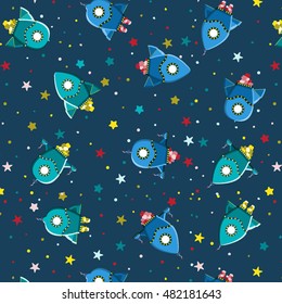 Seamless kids pattern rocket ships and stars in cartoon style. Childish background for textile. Fun kids background for scrap-booking. Vector illustration childish pattern.

