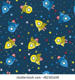 Seamless kids pattern rocket ships and stars in cartoon style. Childish background for textile. Fun kids background for scrap-booking. Vector illustration childish pattern.

