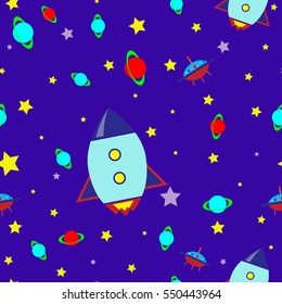 Seamless kids pattern rocket ships and stars in cartoon style. Childish background for textile. Fun kids background for scrap-booking. Vector illustration childish pattern