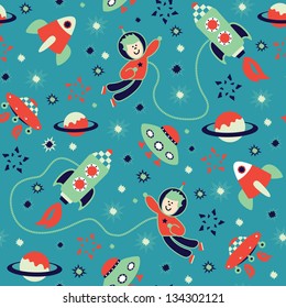 Seamless kids pattern with rockets, spaceships and astronauts. Vector illustration