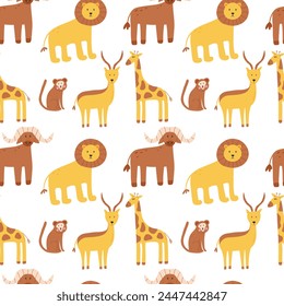 Seamless kids pattern with safari animals. Kids print with jungle animals. Vector illustration.