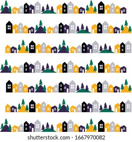Patrón de niños sin problemas al estilo escandinavo. Bonitas casas con fachadas azules, grises, amarillas y violetas. Para decorar los interiores de una habitación para niños, papel pintado, textiles, carteles y tejidos.