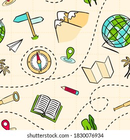 Seamless kids pattern with school geographic elements. Pattern with hand drawn education objects, globe, spyglass, navigation, route, pointer, ruler on maps sheet. Vector background.