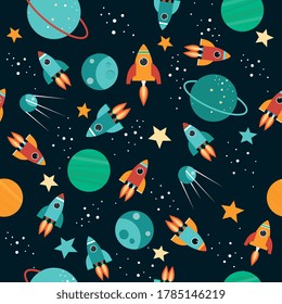 Seamless kids pattern of space, rocket and stars. Vector illustration.