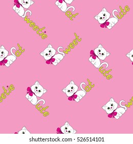 Seamless kids pattern, wallpaper, wrapping paper, background. Charming kittens and words
