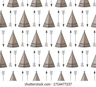 Seamless kids pattern with wigwam and arrows. Cute and stylish Indian background vector pattern