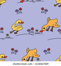 Seamless kids pattern with yellow ducks and flowers on violet background, for fabric design, vector illustration