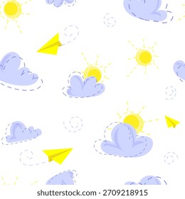 Seamless Kids Pattern with yellow paper planes, blue clouds, and suns on a white background, perfect for kids textiles, wallpapers, wrapping paper, stationery, educational designs.Vector illustration