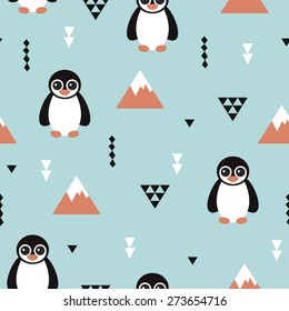 Seamless kids penguin and geometric mountain arctic winter wonderland illustration pattern in ice blue background in vector