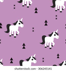 Seamless kids pink violet geometric unicorn magical fantasy animals and triangle aztec details illustration background pattern in vector