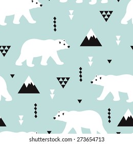 Seamless kids polar bear and geometric mountain arctic winter wonderland illustration pattern in ice blue background in vector