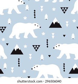 Seamless kids polar bear and geometric mountain arctic winter christmas wonderland illustration pattern in ice blue background in vector