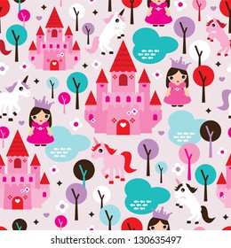 Seamless kids princess castle and unicorn illustration background pattern in vector