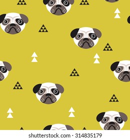 Seamless kids pug dogs illustration fun geometric scandinavian style background pattern in vector mustard