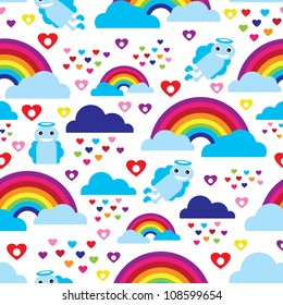 Seamless kids rainbow angel heart dream background pattern in vector