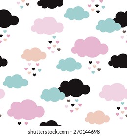Seamless kids raining love clouds sweet colorful sky illustration abstract background pattern in vector