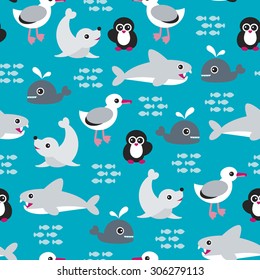 Seamless kids sea life ocean animals illustration shark whale penguin seal and albatross australian theme background pattern in vector