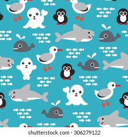 Seamless kids sea life ocean animals illustration shark whale penguin seal and albatross australian theme background pattern in vector