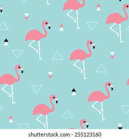 Seamless kids soft pastel blue ocean and pink summer flamingo and geometric details background pattern in vector