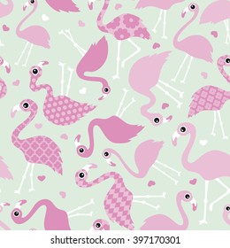 Seamless kids soft pastel ocean and pink summer flamingo and tropical flowers details background pattern in vector mint pink