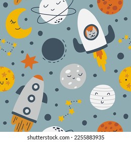 Seamless kids space pattern. Creative nursery background. Ideal for kids design, fabric, packaging, wallpaper, textiles, clothing