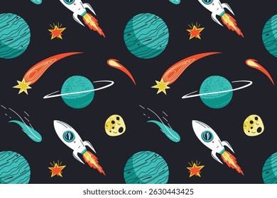 Padrão de espaço contínuo para crianças com foguetes, planetas, estrelas, cometas e asteroides. Design de desenhos animados lúdico para têxteis, ilustração vetorial para papéis de parede, livros e projetos educacionais infantis
