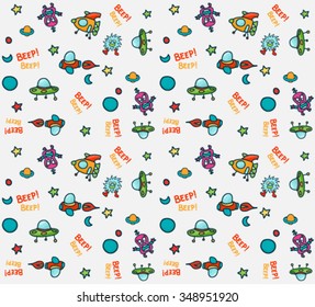 Seamless kids space ships illustration background pattern in vector.