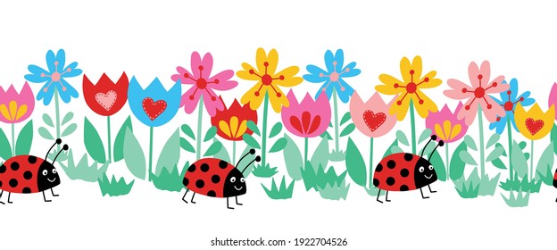 Seamless kids vector border ladybugs and flowers. Cute floral animal repeating horizontal pattern. Summer background children decor. Hand drawn illustration fabric trim, banner, wall decals, footer.