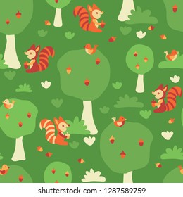 Seamless kids vector pattern. Cute squirrels and birds in the forest. Flat Scandinavian style. For fabric, kids decor, gift wrapping, wallpaper, childrens room or clothing. Vector illustration