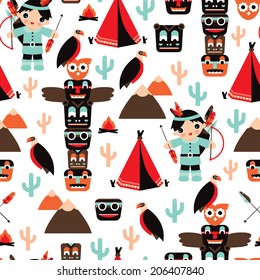 Seamless kids vintage style Indian arrow and totem pole illustration background pattern in vector