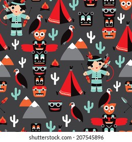 Seamless kids vintage style Indian arrow and totem pole illustration background pattern in vector