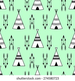 Seamless kids wigwam illustration with arrows. Cute indian mint background pattern in vector. Baby style print.