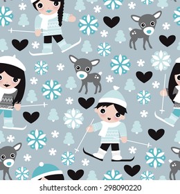 Seamless kids winter wonderland ski slope snow flakes and reindeer christmas theme illustration background pattern in vector
