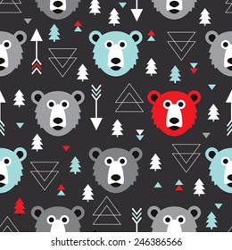 Seamless kids winter wonderland woodland grizzly bear illustration background pattern in vector