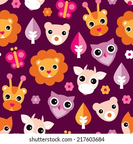 Seamless kids zoo animals lion butterfly owl and bear illustration background pattern in vector
