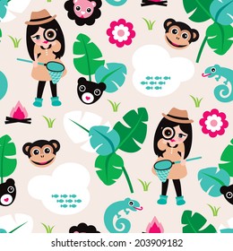 Seamless kids zoo illustration jungle theme for girls with lion lizard and monkey background pattern in vector