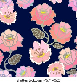 Seamless kimono pattern with blooming summer flowers. Oriental textile collection. Pink on black.
