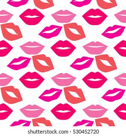 Seamless kiss and love background. Seamless pattern, print of lips, flat vector illustration. Kiss pattern white on background. 