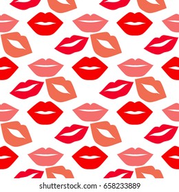 Seamless kiss and love background. Seamless pattern, print of lips, flat vector illustration. Kiss pattern white on background. 