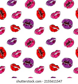 Seamless kissing pattern, hand-drawn doodle. World Kiss Day. July 6. Kisses of different colors. Lip prints of different people, races, genders.